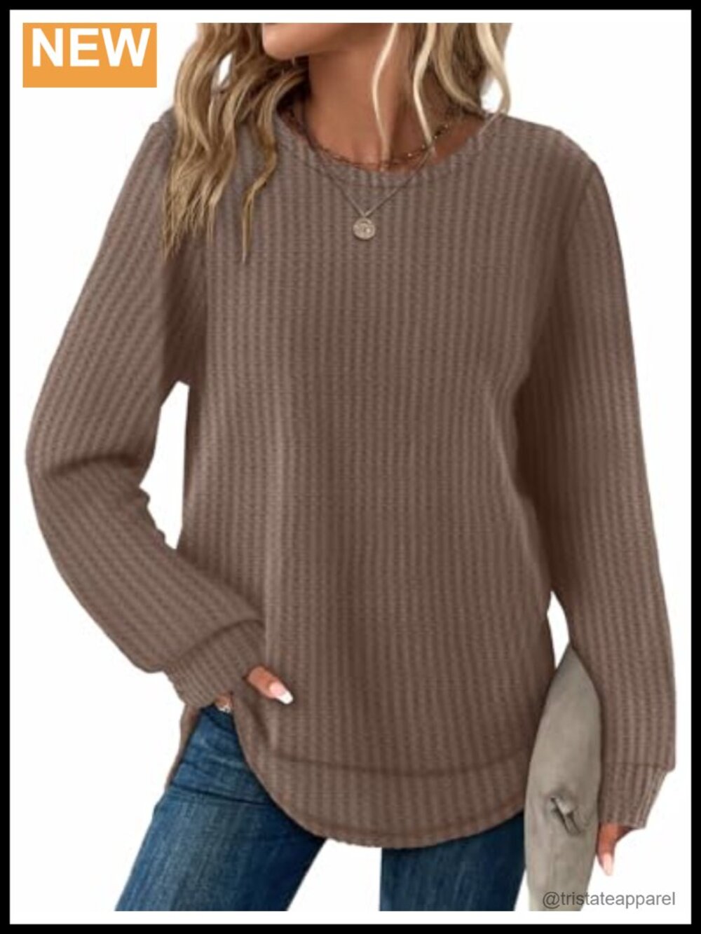 Waffle Knit Long Sleeve Tunic Top Curved Hem Casual Fall Shirt